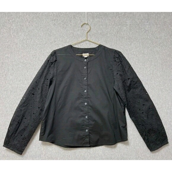 J. Crew Factory Tops - J.Crew Eyelet Button-Up Blouse Black Cotton Long Sleeve Women Top XS